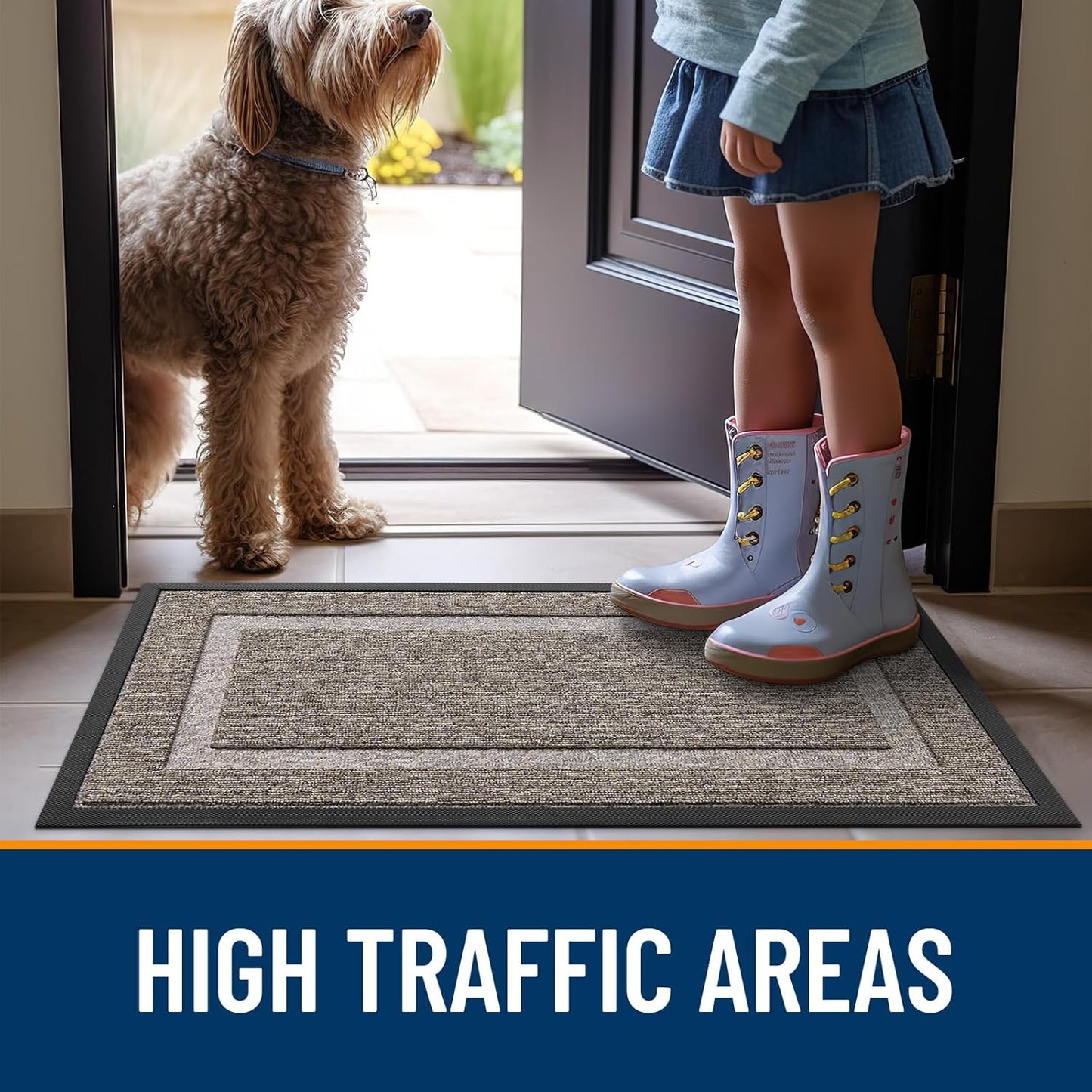 OLANLY Waterproof Front Door Mat - All-Season Indoor/Outdoor Doormat, Easy Clean, 47x23, Khaki & White