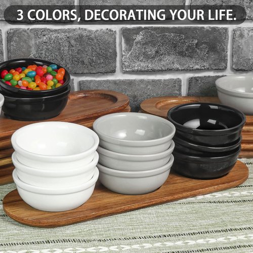 Artena Chip and Dip Serving Set - 12 oz Solid Ceramic with Acacia Tray & Black Dipping Bowls