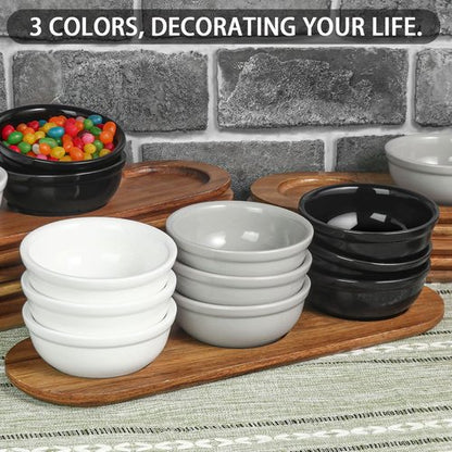 Artena Chip and Dip Serving Set - 12 oz Solid Ceramic with Acacia Tray & Black Dipping Bowls