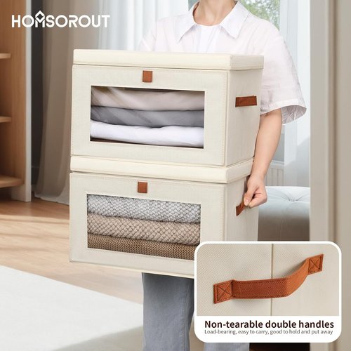 Homsorout Large Closet Storage Bins - Collapsible Clothing Organizer with Handles & Lids | 8 Pack, Beige