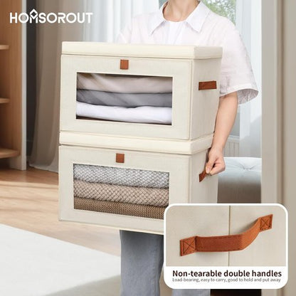 Homsorout Large Closet Storage Bins - Collapsible Clothing Organizer with Handles & Lids | 8 Pack, Beige