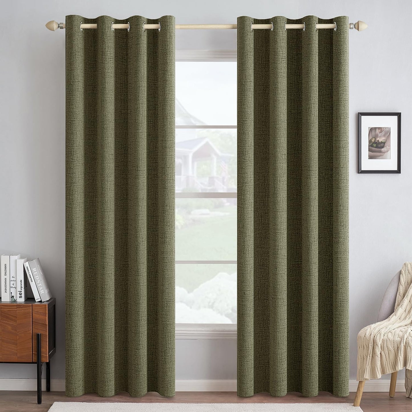 MIULEE Blackout Curtains - 100% Thermal Insulated Linen Texture Drapes | Light Olive Green, 52x72 Inch (2 Panels)