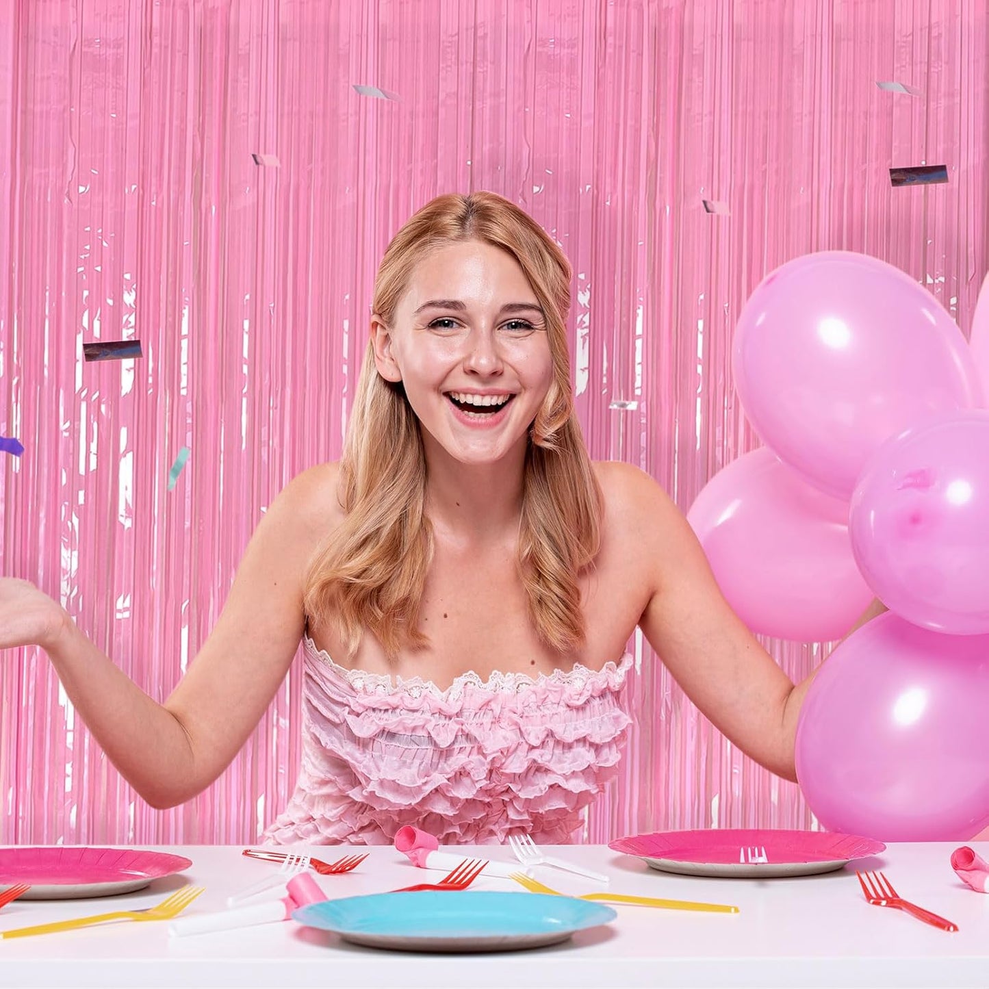 Skiennix 20 Pack Pink Tinsel Curtain Backdrop - Foil Fringe Birthday & Graduation Party Decor