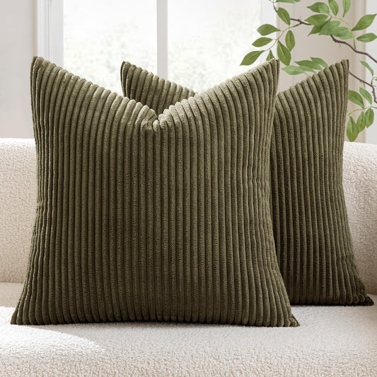 MIULEE Soft Olive Green Decorative Pillow Covers - Set of 2 Square Cushion Cases | 18 x 18 Inch