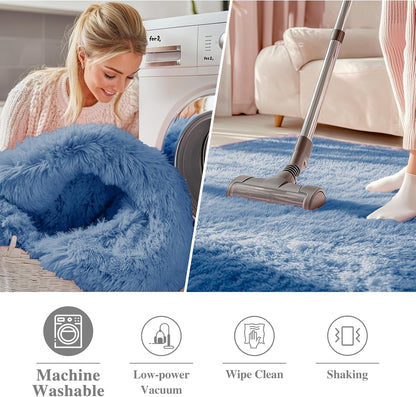 OLANLY Blue Round Area Rug - Soft, Fluffy, Machine Washable 3 ft Circle Carpet for Bedroom & Nursery Decor
