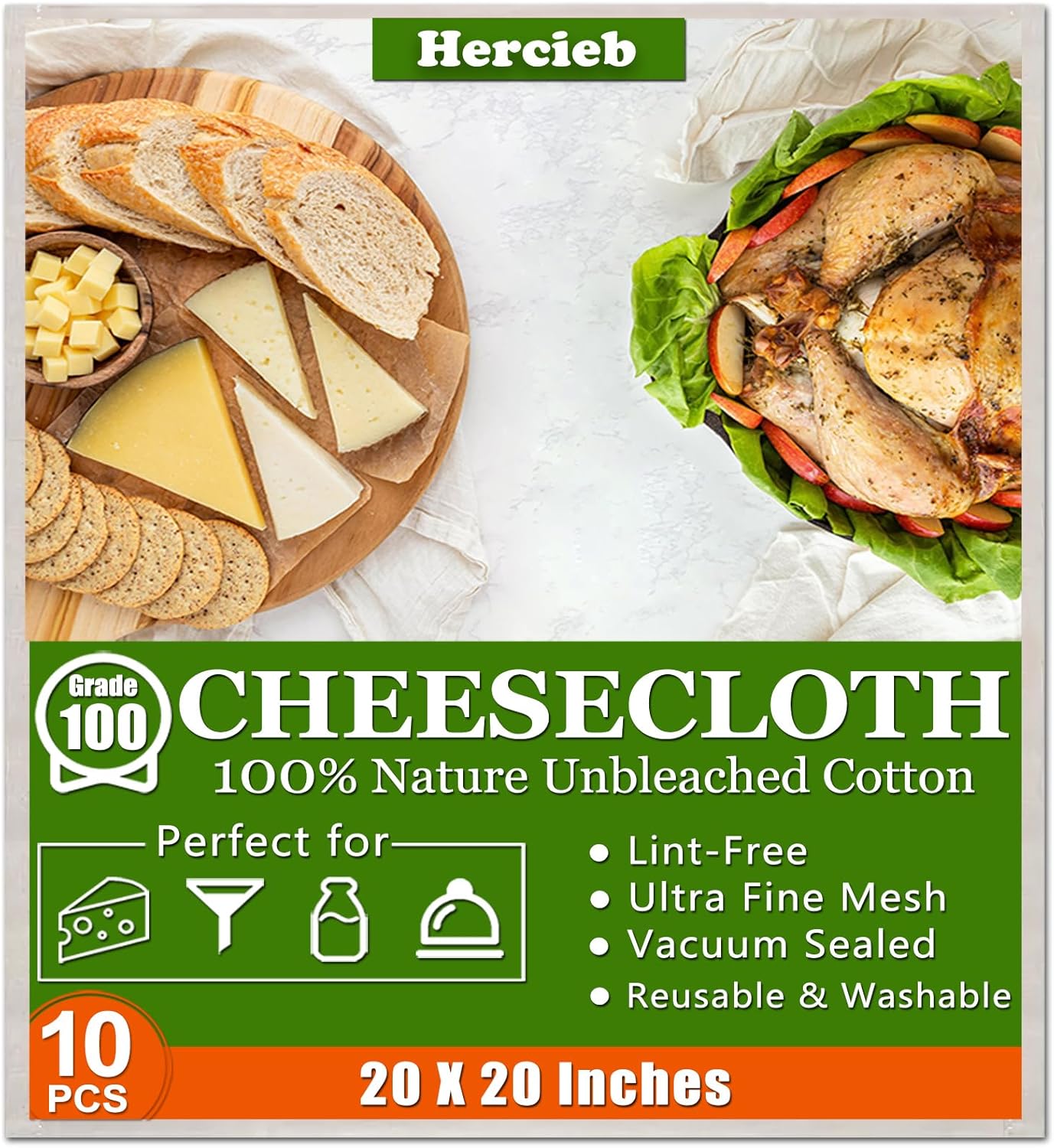 Skiennix Cheese Cloths - 10 Pcs Unbleached Cotton Straining Cloths | 20x20 Inch Reusable Muslin for Juicing & Cooking
