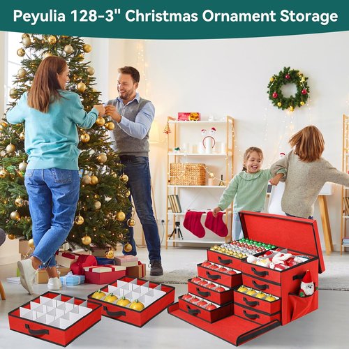 Christmas Ornament Storage Box - Stackable Organizer with Lid & Pockets | 8 Trays, Red