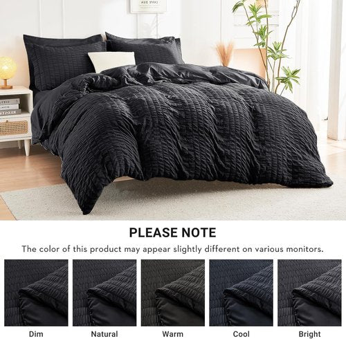 HYMOKEGE Queen Comforter Set - Black Oversized Seersucker 7-Piece Luxury Bedding | All-Season Bed in a Bag
