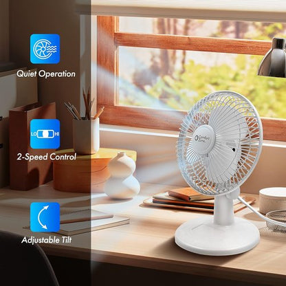 Comfort Zone CZ6D 6" Quiet Portable Indoor 2-Speed Desk Fan with Clip and Fully Adjustable Tilt in White