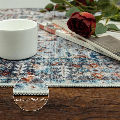 2x8 Hallway Washable Runner Rug : Vintage Soft Kitchen Bathroom Laundry Runner Non Slip Backing Farmhouse Entryway Floor Mat Stain Resistant Carpet for Bedroom Living Room Distressd Beside Rug(Blue)