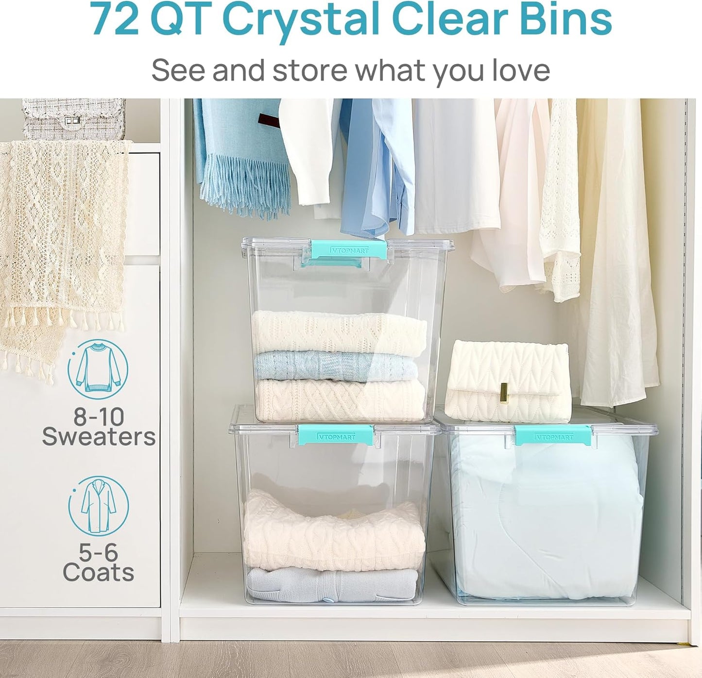 Vtopmart 72 QT Crystal Clear Storage Bins - 2 Pack Stackable Latching Containers for Closet Organization
