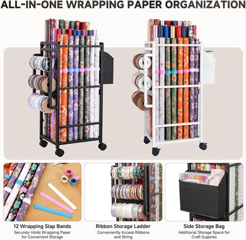 Aquzee Gift Wrapping Paper Organizer - Vertical Storage Cart with 9 Adjustable Rods & Ribbon Holders - Black