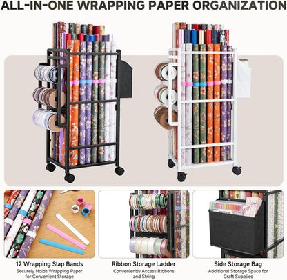 Aquzee Gift Wrapping Paper Organizer - Vertical Storage Cart with 9 Adjustable Rods & Ribbon Holders - Black