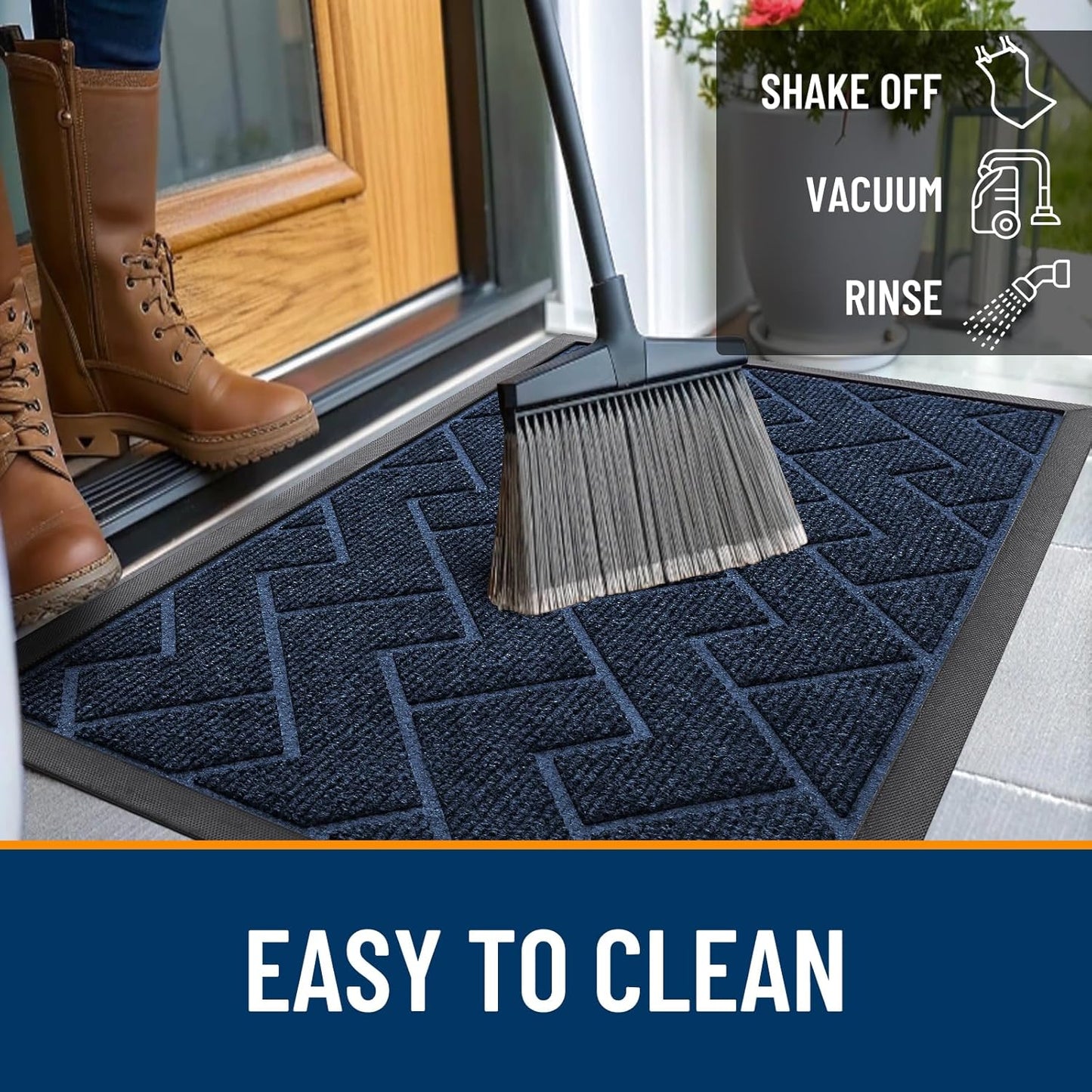 OLANLY Waterproof Front Door Mat - All-Season Herringbone Design, Easy Clean, Natural Rubber | Blue, 71x47