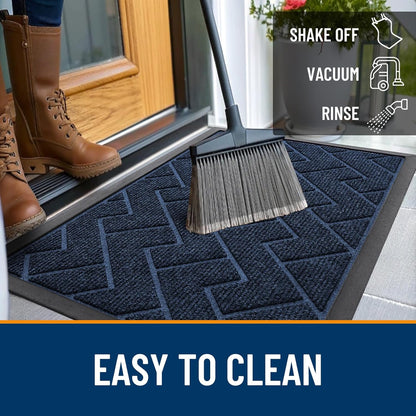 OLANLY Waterproof Front Door Mat - All-Season Herringbone Design, Easy Clean, Natural Rubber | Blue, 71x47