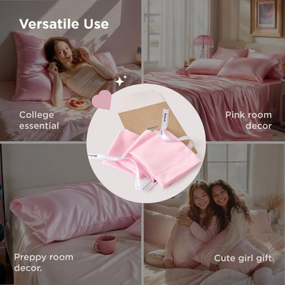 Bedsure Satin Pillowcase for Hair and Skin Queen, Similar to Silk Pillow Cases, Valentine Pillow Covers Set of 2 with Envelope Closure, Pink Room Decor Essentials, Gifts for Women Girls 20x30 Inches