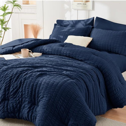 HYMOKEGE Navy Blue California King Comforter Set Seersucker 7 Pieces, All Season Luxury Bed in a Bag for Bedroom, Bedding Set with Comforters, Sheets, Pillowcases & Shams