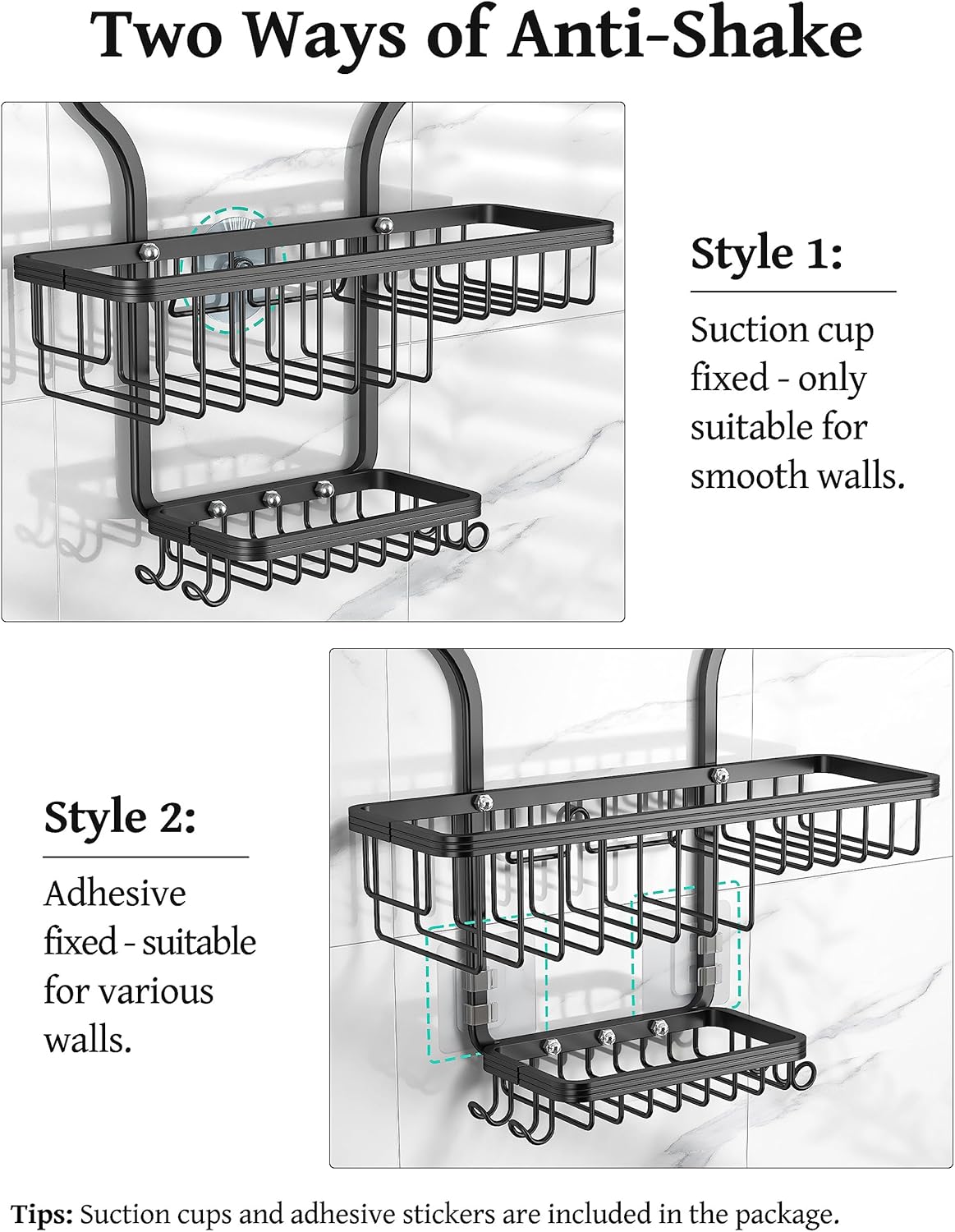 YASONIC Shower Caddy - Large Aluminum Over Shower Head Organizer with 10 Hooks & Soap Basket | Black