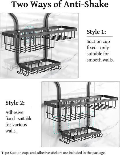 YASONIC Shower Caddy - Large Rust-Proof Aluminum Over Shower Head Organizer with 10 Hooks - Black