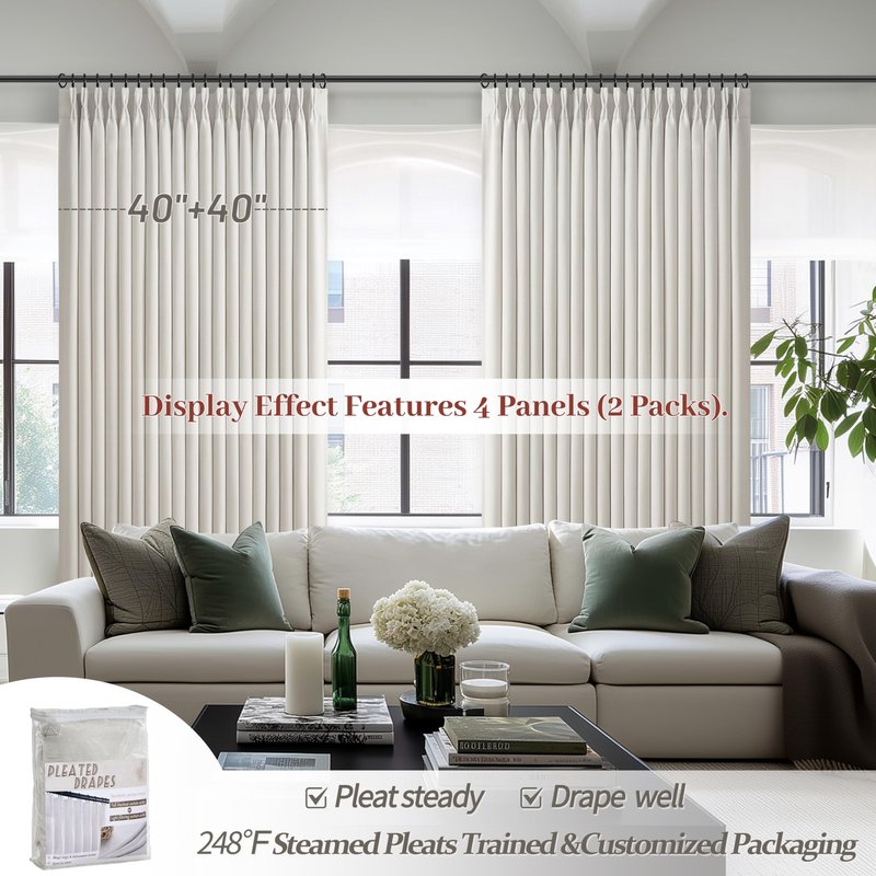 Pleat Viral Linen 90 Inch Blackout Curtains for Bedroom, Pinch Pleated Soundproof Privacy Farmhouse Window Drapes Decor with Hooks Neutral Beige White Nursery/Kids Room Darkening Burg 2 Panels Set