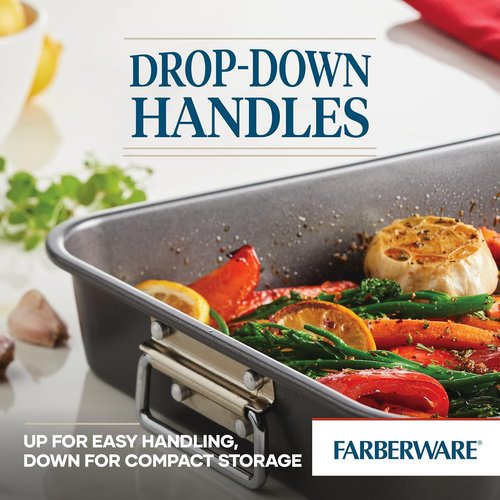 Farberware Nonstick Steel Roaster - 11-Inch x 15-Inch with Flat Rack | Durable Gray Bakeware