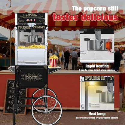 Skiennix 20 Oz Popcorn Machine Cart - Sleek Black Popcorn Maker with Storage Stand & Wheels