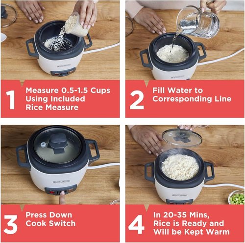 BLACK+DECKER 3-Cup Rice Cooker - One-Touch Operation, Removable Non-Stick Bowl, Steaming Basket | White