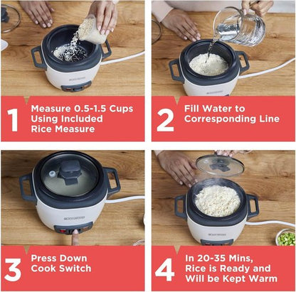 BLACK+DECKER 3-Cup Rice Cooker - One-Touch Operation, Removable Non-Stick Bowl, Steaming Basket | White