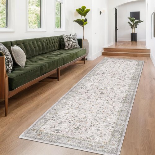 Hazo Haus Kitchen Rug - Light Gray Modern Boho Floral Design | Washable Non-Slip 10 ft Runner