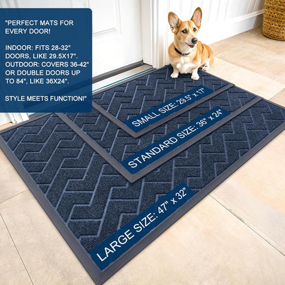 OLANLY Waterproof Front Door Mat - All-Weather Herringbone Design | Easy Clean, Low Profile, Blue (29.5x17)