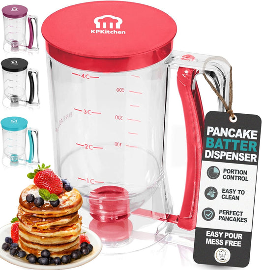 Skiennix Pancake Batter Dispenser - Easy Pour Tool for Perfect Pancakes, Waffles & Muffins - Red