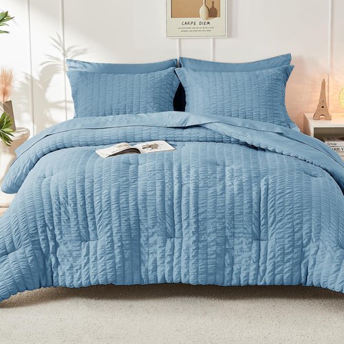 HYMOKEGE Mineral Blue Full Size Comforter Sets Seersucker 7 Pieces, All Season Luxury Bed in a Bag for Bedroom, Bedding Set with Comforter, Sheets, Pillowcases & Shams