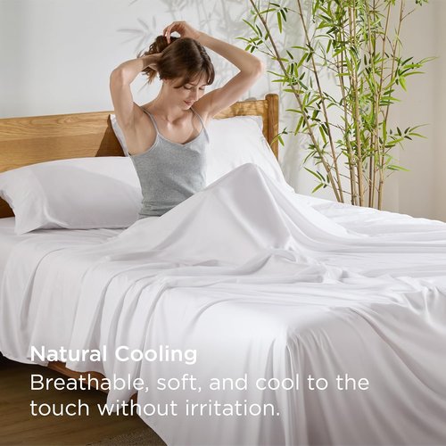 Bedsure Cooling Full Size Bed Sheets - Breathable Rayon from Bamboo, Deep Pocket Up to 16", Soft White