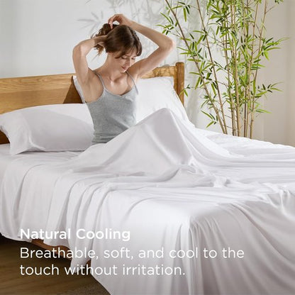 Bedsure Queen Sheet Set - Cooling Rayon Bamboo Sheets | Breathable & Soft, Deep Pocket Up to 16" - White