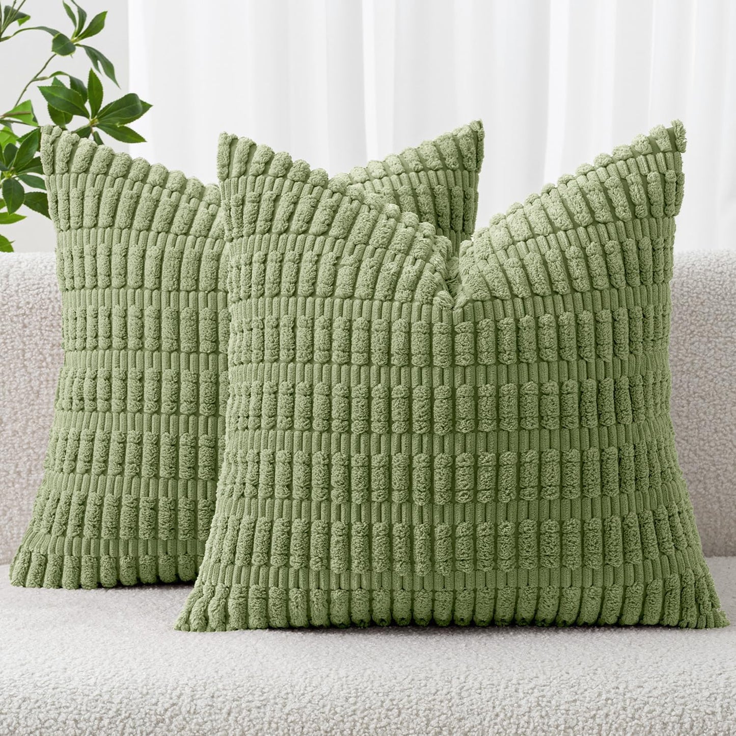 MIULEE Decorative Throw Pillow Covers - Soft Boho Striped Corduroy | Pack of 2, 18x18 Inch, Sage Green
