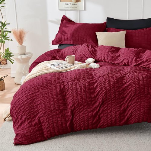 HYMOKEGE King Size Comforter Set - Red & Black Seersucker 7-Piece Luxury Bedding Set for All Seasons