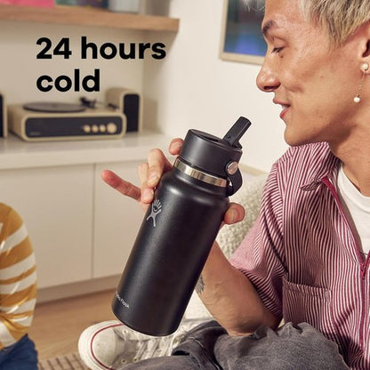 Hydro Flask Water Bottle - Insulated Stainless Steel with Wide Mouth Flex Straw Lid | 32 Oz Tonal White, Leakproof & Refillable