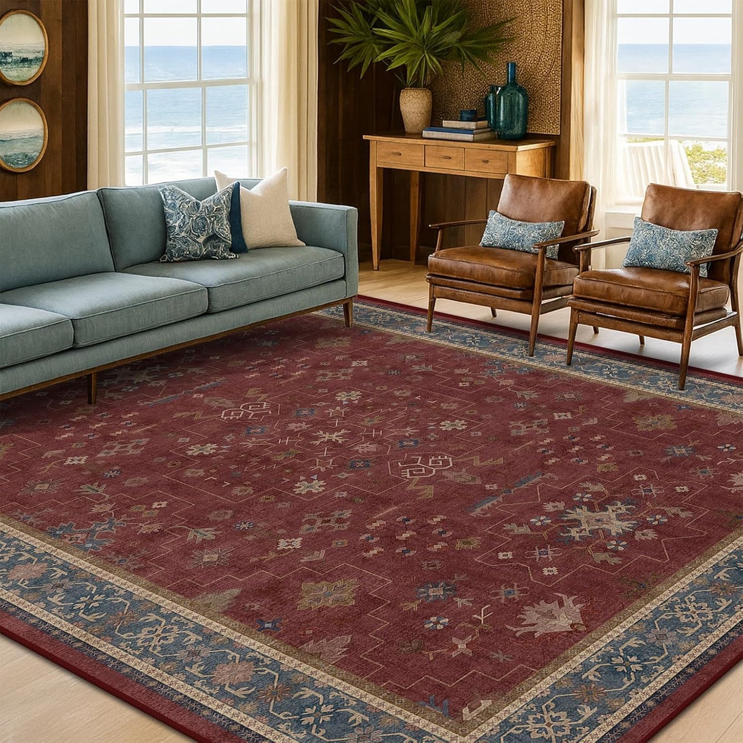 Regine Switzerland 6x8 Vintage Burgundy Dining Room Rug - Machine Washable Boho Carpet for Living Room