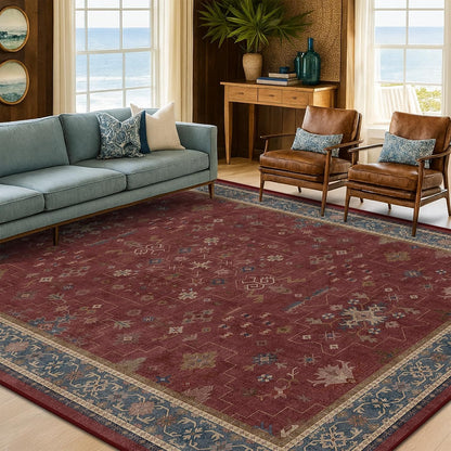 Regine Switzerland 6x8 Vintage Burgundy Dining Room Rug - Machine Washable Boho Carpet for Living Room