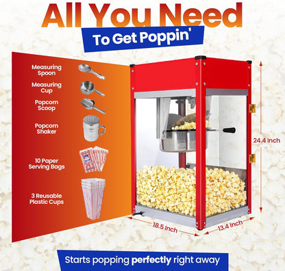 Popcorn Machine - Electric Popcorn Popper | Stainless Steel Kettle, Ready in 5 Minutes | 8 oz Capacity, Red