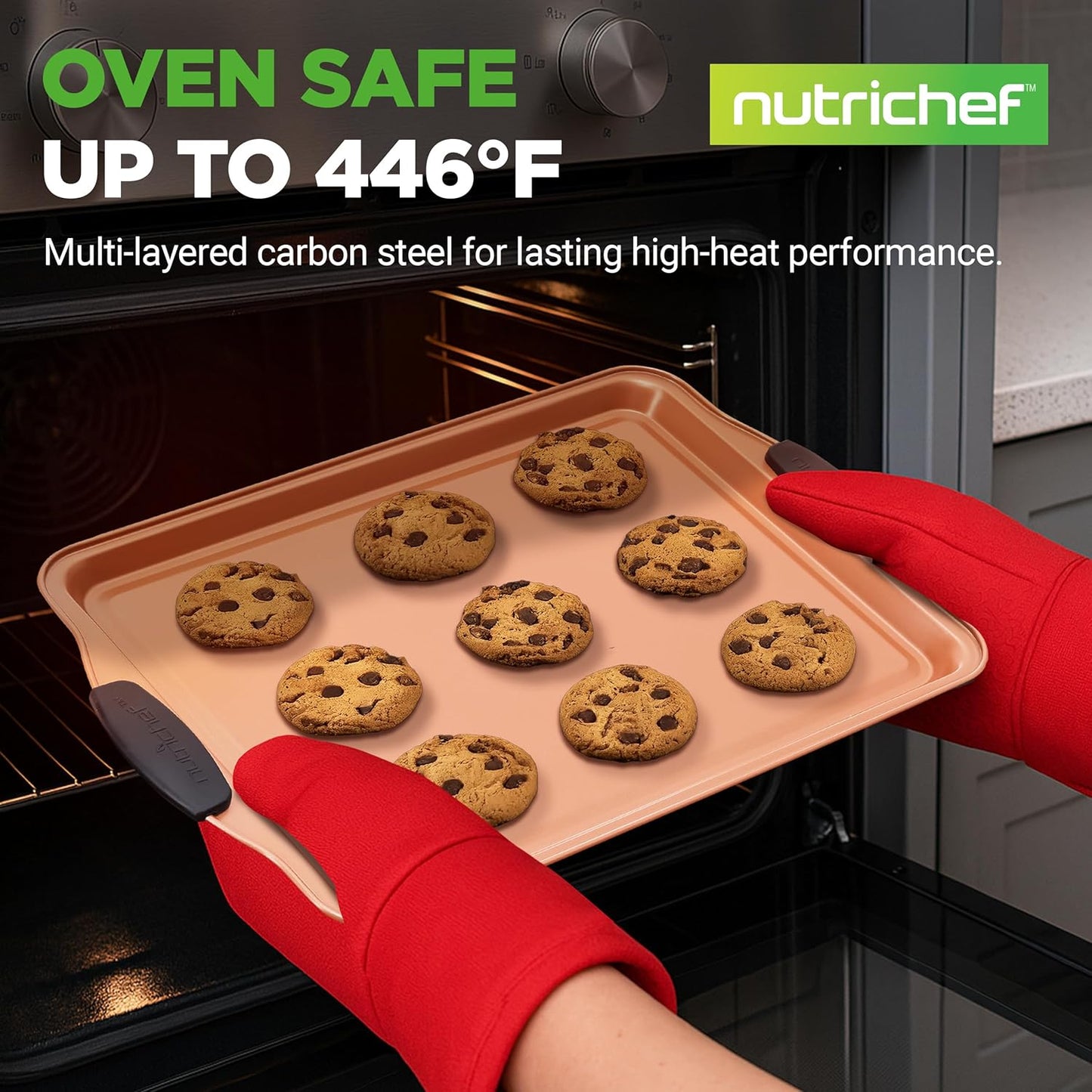 NutriChef Nonstick Carbon Steel Cookie Sheets - 3 Piece Bakeware Set with Black Silicone Handles