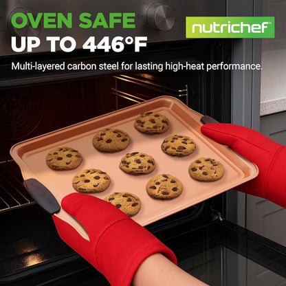 NutriChef Nonstick Carbon Steel Cookie Sheets - 3 Piece Bakeware Set with Black Silicone Handles