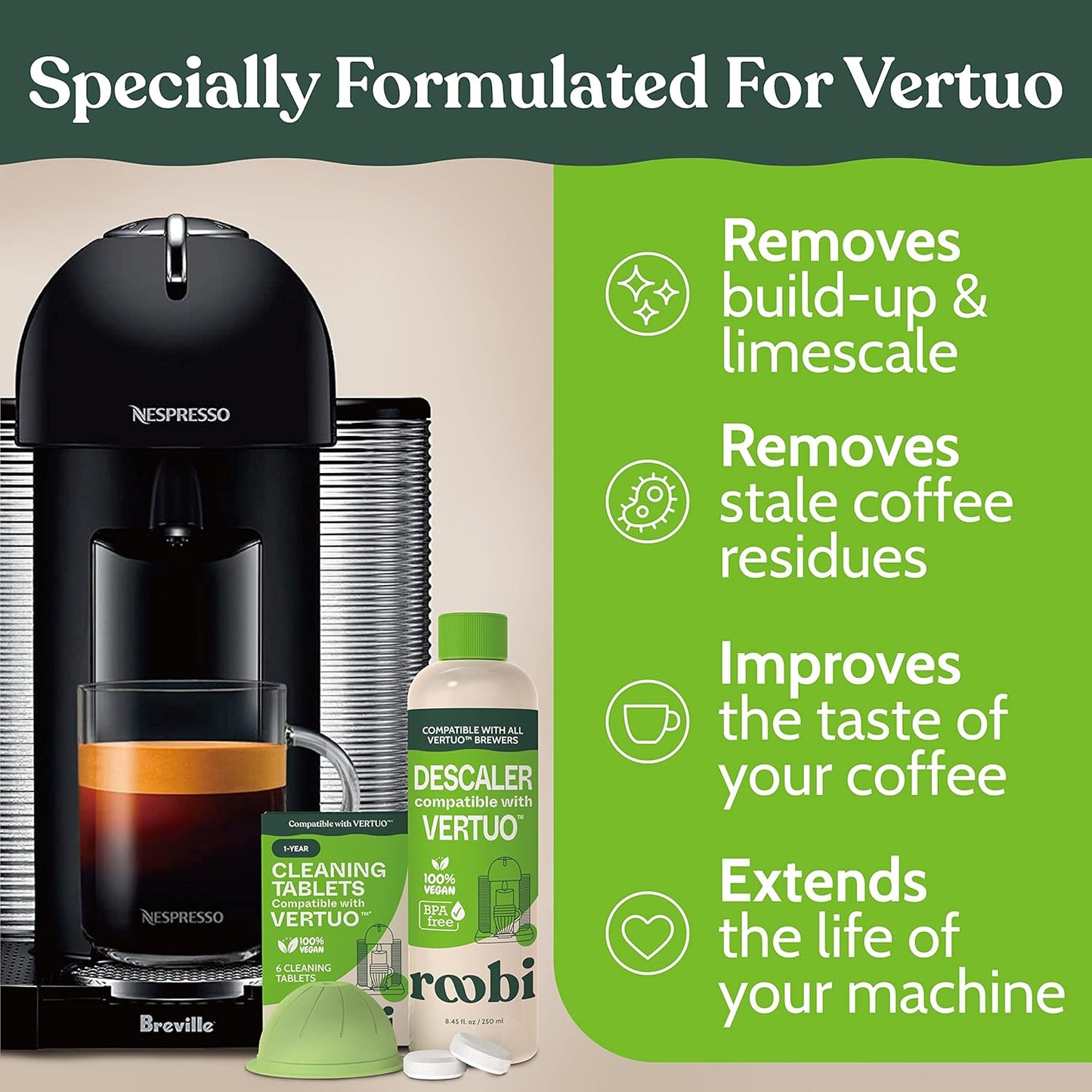 Roobi Nespresso Compatible Vertuo Cleaning & Descaling Kit - 6 Month Supply with Solution & Tablets