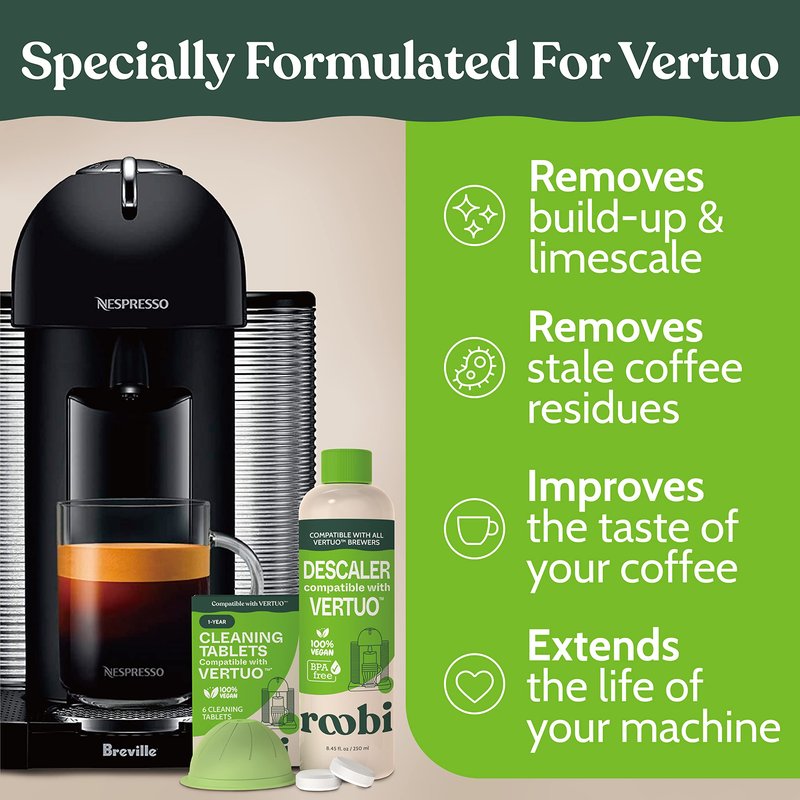 Roobi Nespresso Compatible Vertuo Cleaning & Descaling Kit. Includes 1 Bottle of Descaling Solution, 6 Cleaning Tablets and 1 Reusable Pod. Carbon Neutral Vertuoline Maintenance Kit. 6 Month Supply.