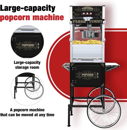 20 Oz Commercial Popcorn Machine - Sleek Black Popcorn Maker with Storage Stand & Wheels