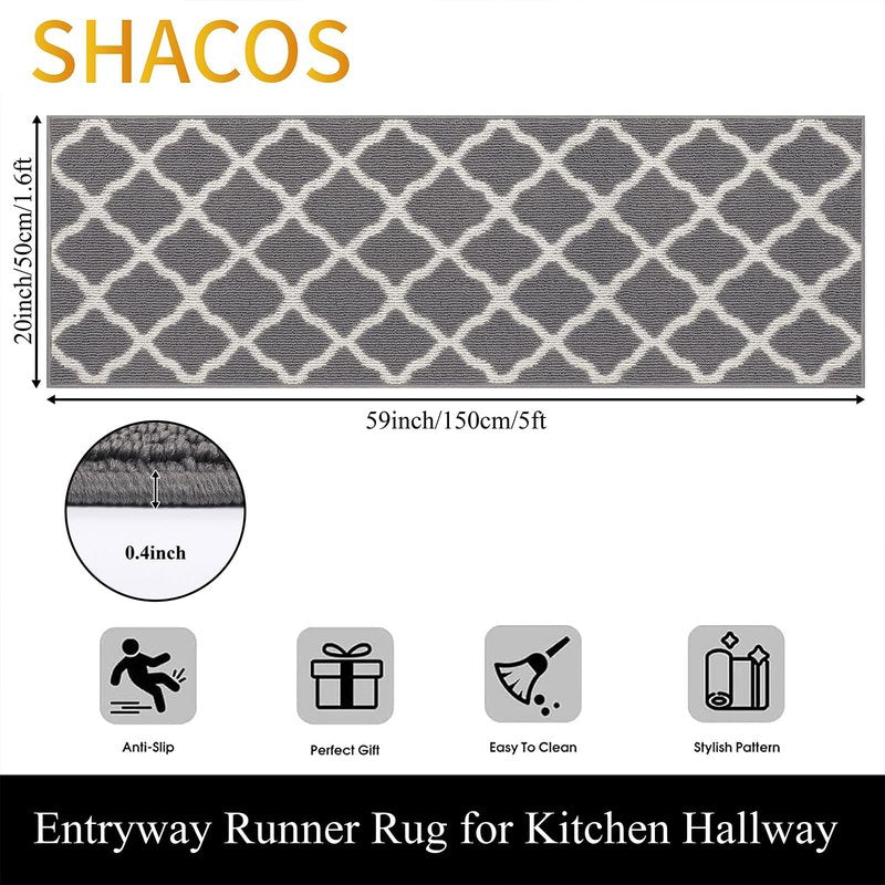 SHACOS Washable Runner Rug 20"x59" Dirt Trapping Non Slip Rubber Backing Rug Runner Floor Mats Carpet Runners for Entryway Hallway Kitchen Garage Laundry Room, Light Gray