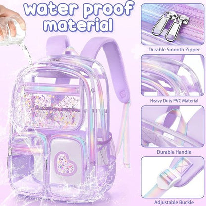 Fimibuke Clear Backpack for Girls - Heavy Duty PVC See-Through Bookbag with Lunch Box & Pencil Case | Pink