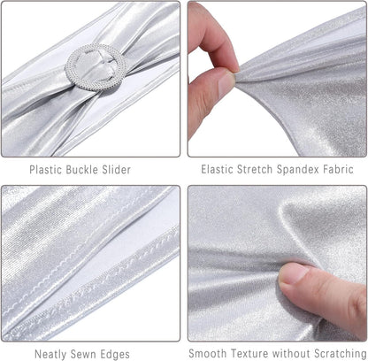 MDS Spandex Foil Chair Sashes - Universal Elastic Stretch Bow Ties with Buckle | Metallic Silver, Pack of 75