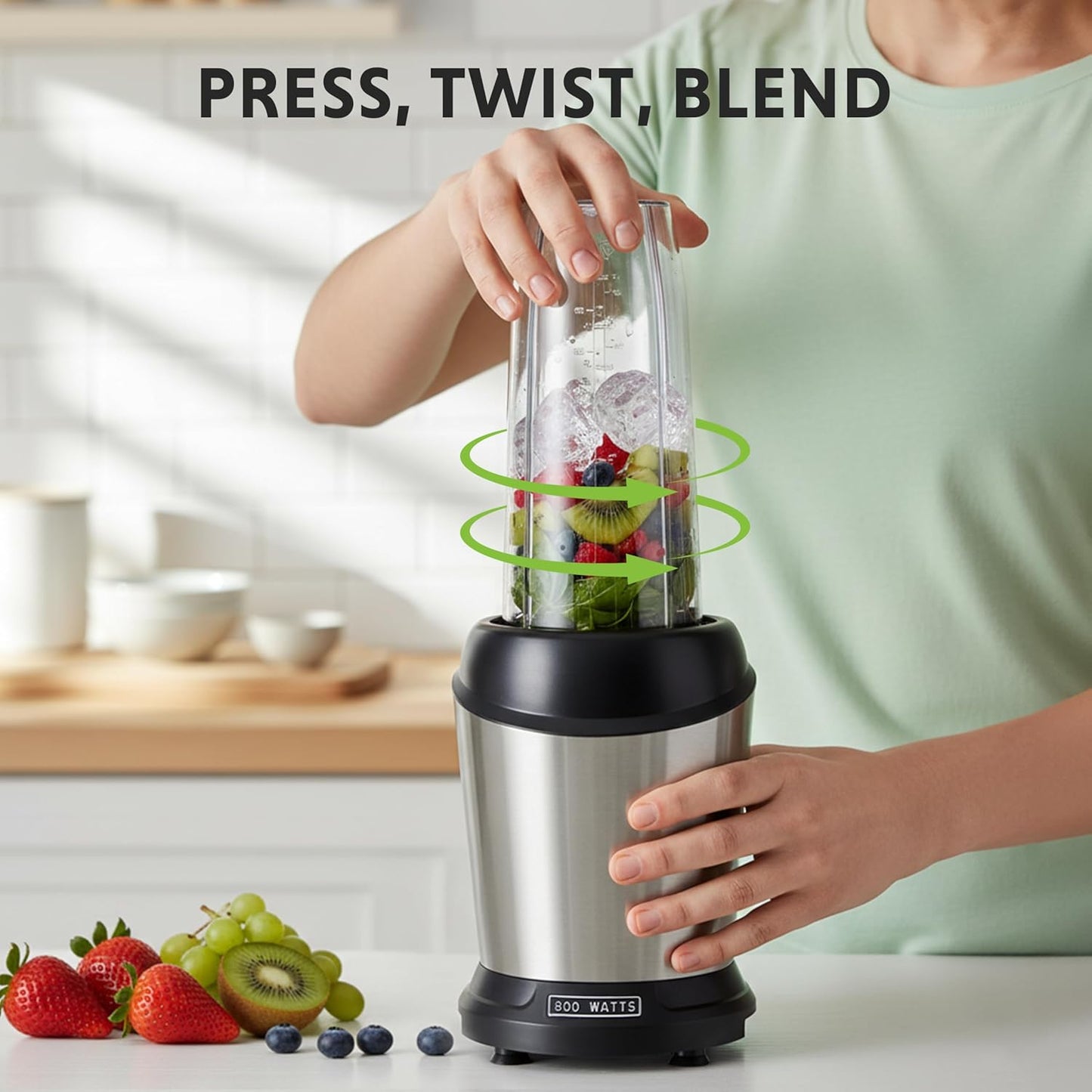 Simple Deluxe Smoothie Blender - 800W Personal Blender with 3 BPA-Free Portable Cups | Ice Crushing & Frozen Drinks, Silver