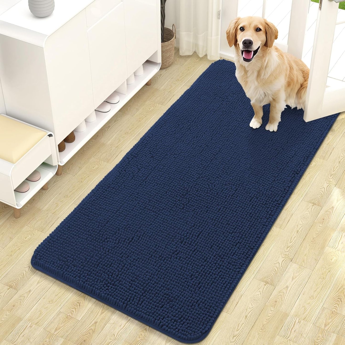 OLANLY Dog Door Mat - Absorbent Non-Slip Mud Mat for Indoor Use | 47x24, Dark Blue, Quick Dry Chenille